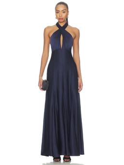 ASTR the Label - Desire Women's Halter Neck Satin Maxi Dress Navy Blue