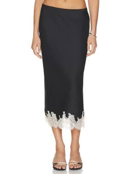 ASTR the Label - Blossom Women's Satin Lace Trim Midi Skirt Black