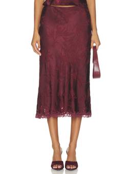 ASTR the Label - Windey Women's Jacquard Lace Trim Midi Skirt Burgundy