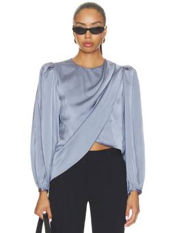 ASTR the Label - Beatrice Women's Satin Surplice Puff Sleeve Blouse Blue
