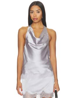 ASTR the Label - Melinda Women's Satin Lace Trim Halter Blouse Silver