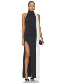 Auteur Studio - Women's Slinky Halter Neck Contrast Sash Maxi Dress Black