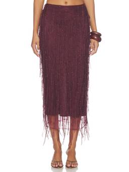 Anna Quan - Tawney Women's Beaded Fringe Mesh Midi Skirt Maroon