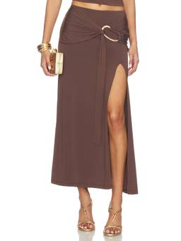 Bardot - Dion Women's Ruched Gold Hardware Midi Skirt Brown