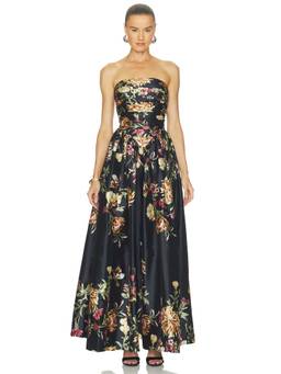 HEMANT AND NANDITA - Ruched Women's Strapless Floral Maxi Dress Black