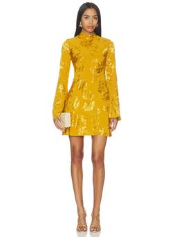 HEMANT AND NANDITA - Biased Women's Floral Jacquard Mock Neck Mini Dress Yellow