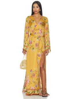 HEMANT AND NANDITA - Kaftan With Belt Women's Floral V-Neck Maxi Dress Yellow