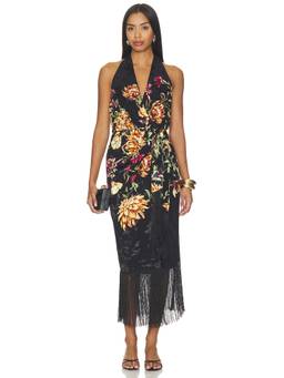 HEMANT AND NANDITA - Front Draped Women's Halter Neck Fringe Trim Midi Dress Black