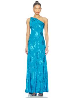 HEMANT AND NANDITA - One Shoulder Sash Women's Tonal Floral Jacquard Maxi Dress Blue