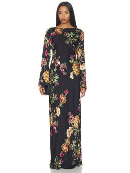 HEMANT AND NANDITA - Bias Women's Floral Print Boat Neck Maxi Dress Black