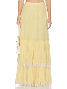 HEMANT AND NANDITA - Pintuck Women's Lace Trim Maxi Skirt Yellow