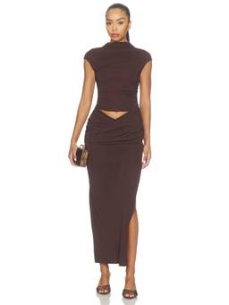 Benni - Royce Women's Ruched Side Slit Maxi Dress Brown