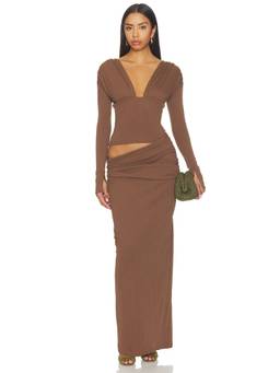 Benni - Agnes Women's Ruched Ribbed Knit Maxi Dress Brown