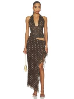 Benni - Penelope Women's Halter Neck Polka Dot Ruffle Maxi Dress Brown