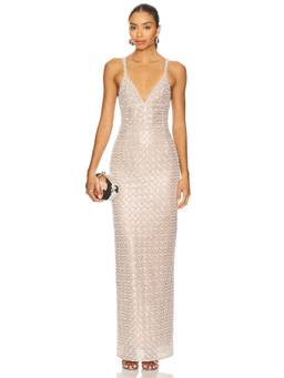 Bronx and Banco - Allegra Women's Sequin Beaded V-Neck Maxi Dress Nude