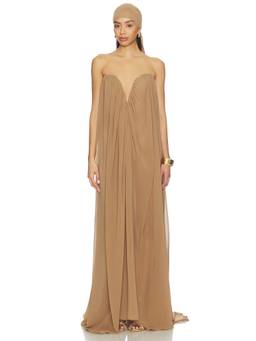 Bronx and Banco - Wanda Chiffon Women's Strapless Plunging Neck Maxi Dress Beige