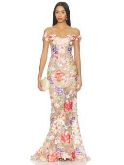 Bronx and Banco - Flora 3D Women's Off-Shoulder Floral Embroidered Gown Multi-Color