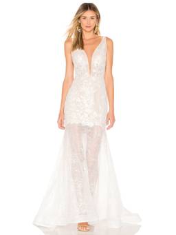 Bronx and Banco - Eden Women's Floral Applique Plunging Neck Maxi Gown White