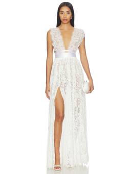 Bronx and Banco - Goddess Lace Women's Sleeveless Plunging Neck Maxi Gown White
