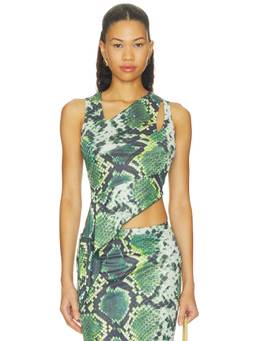 BY.DYLN - Christina Women's Snake Print Asymmetrical Sleeveless Crop Top Green
