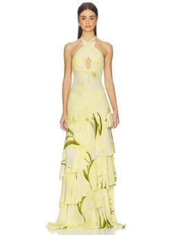 Cara Cara - Amethyst Women's Floral Halter Neck Cut-Out Maxi Dress Yellow
