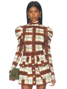 Cara Cara - Chira Women's Checked Puff Sleeve High Neck Crop Top Brown
