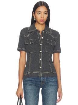Central Park West - Sienna Western Women's Fuzzy Knit Short Sleeve Shirt Charcoal