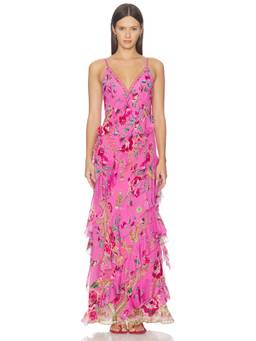 Camilla - Asymmetrical Ruffle Women's Floral Embellished Maxi Dress Pink