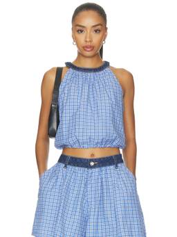Cinq a Sept - Cassidi Women's Checked Halter Neck Crop Top Blue