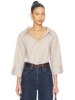 Cissa - Asymmetric Women's Striped Cotton Button-Down Shirt Beige