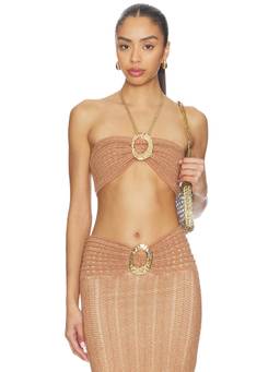 Capittana - Women's Metallic Knit Halter Neck Crop Top Bronze
