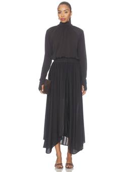 Clea - Katia Women's Cinched Waist High Neck Midi Dress Black