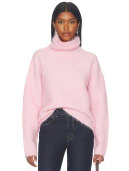 Clea - Milo Fluffy Women's Ribbed Trim Turtleneck Sweater Pink