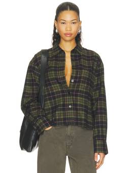 CLOSED - Cotton Flannel Women Oversized Cropped Button-Down Shirt Green
