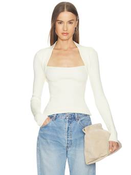 Camila Coelho - Amita Women's Square Neck Rib Knit Pullover Sweater Off White