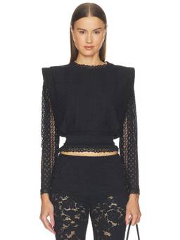 Charo Ruiz Ibiza - Women's Lace Smocked Waist Padded Shoulder Blouse Black