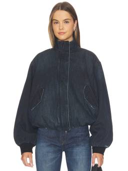 Courtney Zheng - Cropped Women's Zippered Denim Bomber Jacket Indigo