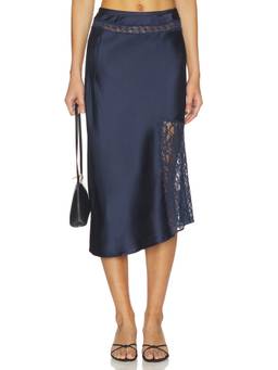 Damson Madder - Elea Women's Satin Lace Detail Midi Skirt Navy Blue