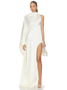Deme by Gabriella - Alice Women's One-Shoulder Halter Neck Maxi Dress Ivory