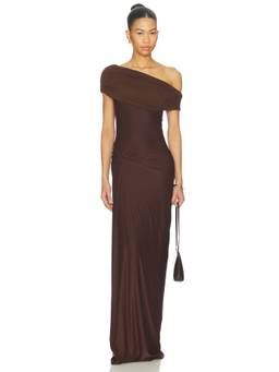 Deme by Gabriella - Women's Off-Shoulder Draped Maxi Dress Brown