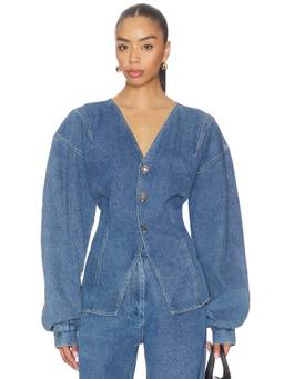Deme by Gabriella - Lynn Women's Tapered Waist Button-Down Denim Top Blue