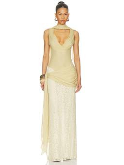 DE LA VALI - Rosa Women's Lace Detail V-Neck Maxi Dress Beige