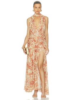 DE LA VALI - Azul Women's Printed Halter Neck Maxi Dress Orange