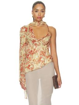 DE LA VALI - Women's One-Shoulder Embellished Strap Blouse Beige