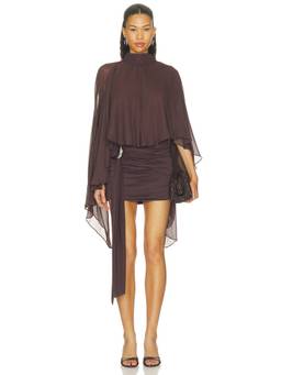 DE LA VALI - Wrap Style Women's Sheer Overlay Flared Sleeve Top Brown