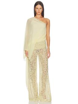 DE LA VALI - Elia Women's One Shoulder Lace Trim Chiffon Top Beige
