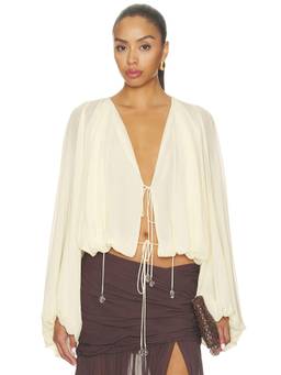 DE LA VALI - Misty Women's Sheer Tie-Up Bubble Hem Crop Top Off White