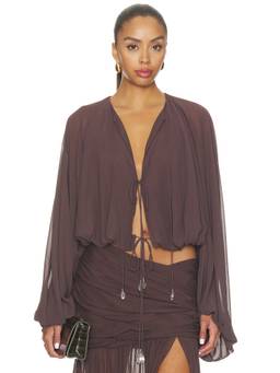 DE LA VALI - Misty Women's Sheer Tie-Up Bubble Hem Crop Top Brown
