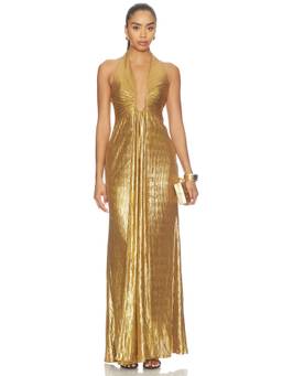 DELFI - Oriel Women's Metallic Pleated Halter Neck Maxi Dress Gold