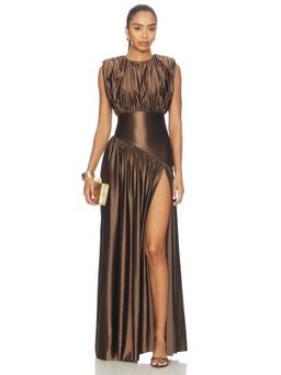 DELFI - Women's Ruched Pull-On Maxi Dress Bronze